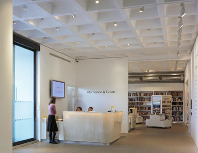 View of new main reception looking through into the bookshop, Arnolfini, Bristol.  Designed by architects Snell Associates with artist Susanna Heron, 1998 -2005. Photo: Dennis Gilbert/ VIEW