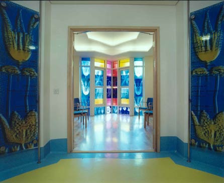Prayer Room, lead artist Catrin Jones, poetry by Elsa Corbluth, calligraphy by Lisa Scattergood, table by Matthew Smith and Jonathan Jones, 2001.  Bristol Royal Hospital for Children.  Photo: Jerry Hardman-Jones.