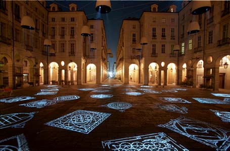 ’Cosmometrie’, 42 projections of drawings by Giordano Bruno, by Mario Airo (with audio design by Riccardo Mazza), 2002. Piazza Palazzo di Citta, Turin (Luci d’Artista). Photo: Giorgio Sottile