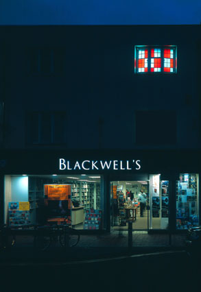 From ’Window [Vindauga (Wind, Eye)]’, illuminated stained glass window by David Ward, Blackwell’s Book Shop, Friar Street, Reading, 2004 (part of Friar Street Environmental Improvements project still in progress). Photograph by Rod Dorling.