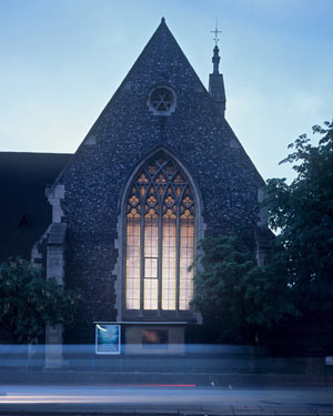 From ’Window [Vindauga (Wind, Eye)]’, illuminated stained glass window by David Ward, Greyfriars Church, Friar Street, Reading, 2004 (part of Friar Street Environmental Improvements project still in progress). Photograph by Rod Dorling.