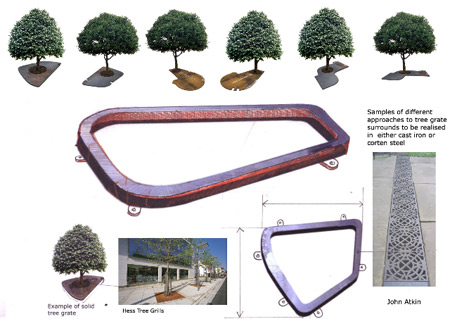 Designs for bespoke tree grate surrounds in cast iron or cor-ten steel, by John Atkin, Ashford ring road project, Ashford, Kent