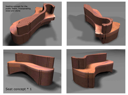 Concept designs for bespoke benches, wood and stone, by John Atkin, Ashford ring road project, Ashford, Kent