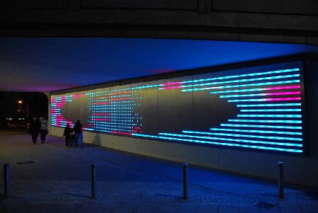 Completed subway lighting installation: 'Light-waves'; stainless steel and LED lighting; Raphael Daden; 2006; Barking Town Centre Artscape, London Borough of Barking and Dagenham.