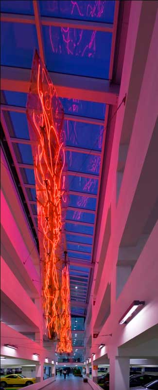 Vong Phaophanit and Claire Oboussier's neon installation in the Cabot Circus car park. Photo: InSite Arts 2008