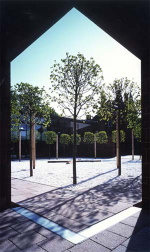 Pleached lime trees in  Priory Cloister with sound, David Ward, 2001, Coventry.