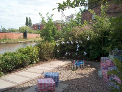 Temporary garden design created by community groups working with muf. Electric Wharf, Coventry, 2001 - 2006