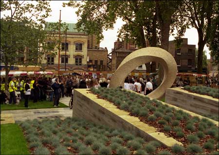 Opening of Islington Green showing new war memorial by John Maine and landscaping by J & L Gibbons Landscape Architects; photo: Brent Darby