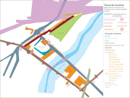 Map for the Warwick Bar Soundwalk, Warwick Bar, Birmingham, West Midlands, Liminal, 2006. Image courtesy of Liminal.  (Please note that a larger version appears on the audio files page).