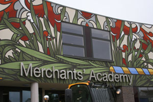 Façade wall painting by Tod Hanson, Merchants’ Academy, Bristol. Photo Ginkgo Projects