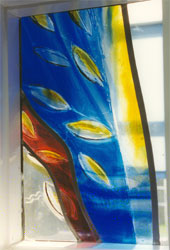 Stained glass window by Mollie Meager, 1999. The Forum Youth Centre, Cirencester, Gloucs.