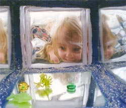 Detail of window by Heather Marshall (2002) at Lakefield School, Gloucs.