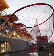 Water Sky Garden, Richmond Olympic Oval, commissioned by City of Richmond, BC, by Janet Echelman. Photo: Peter Vanderwarker, Christina Lazar Schuler