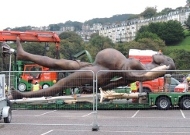 Damien Hirst’s Verity statue arriving into Ilfracombe